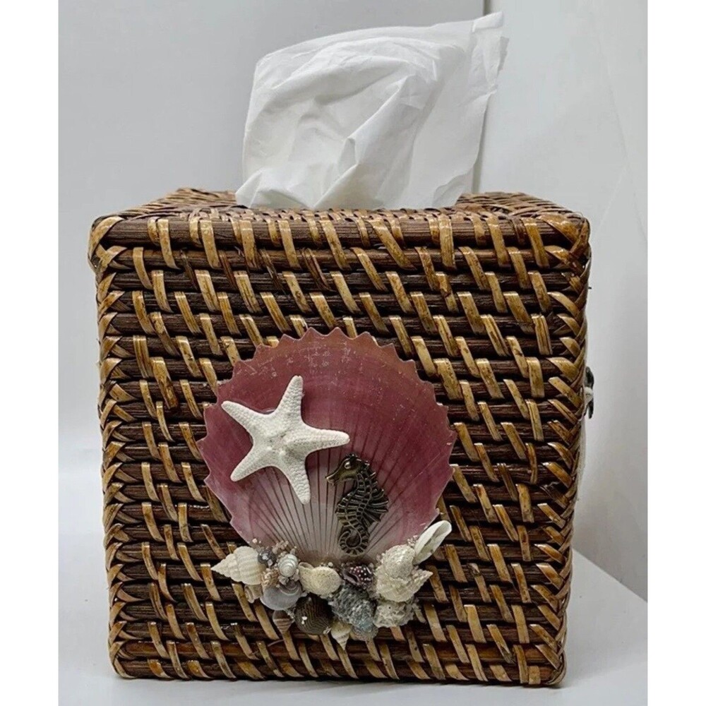 Coastal Starfish One Of A Kind Hand Decorated Rattan Tissue Box Cover Decor